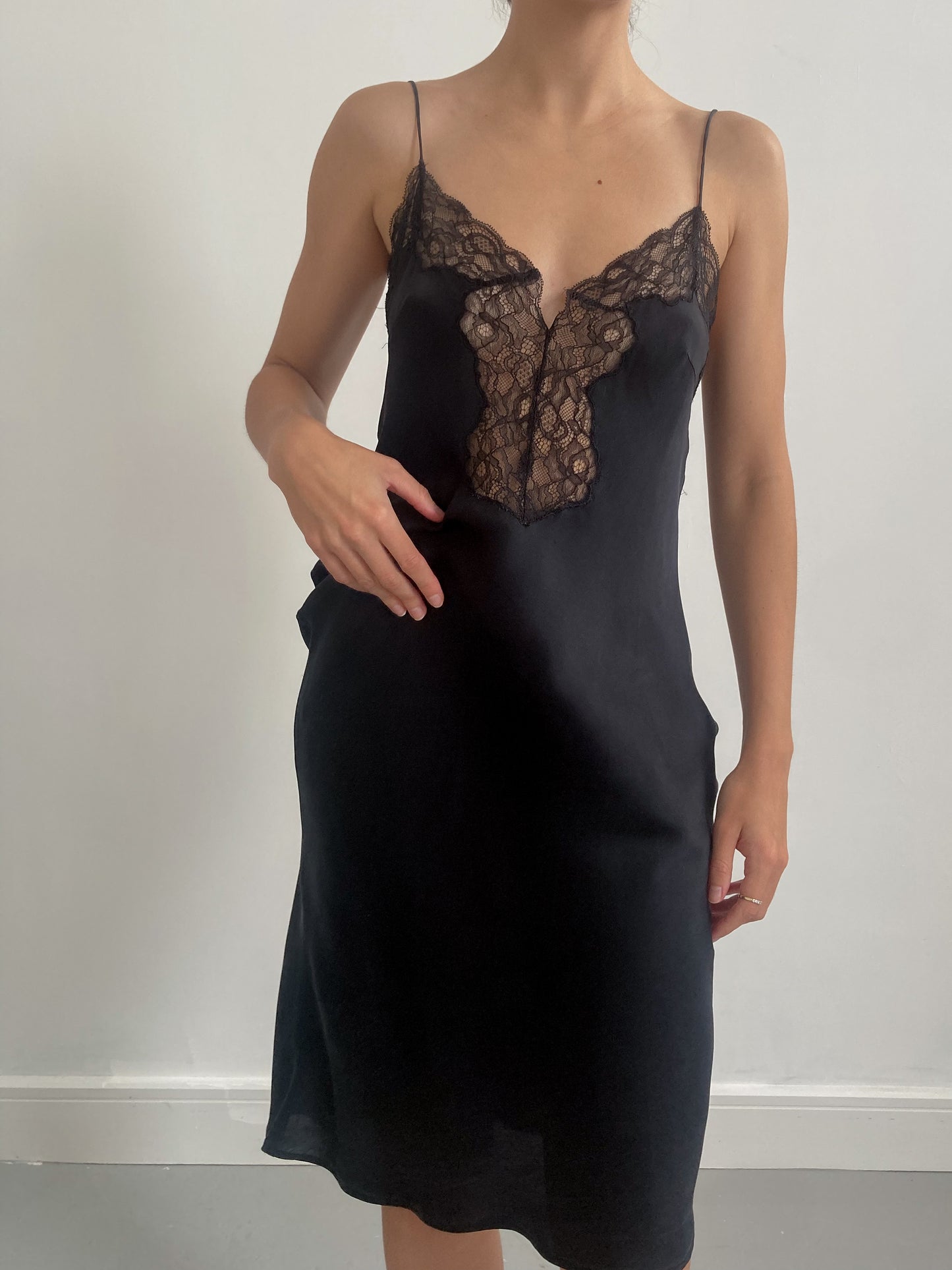 1970s Black Silk Slip with Chantilly Lace
