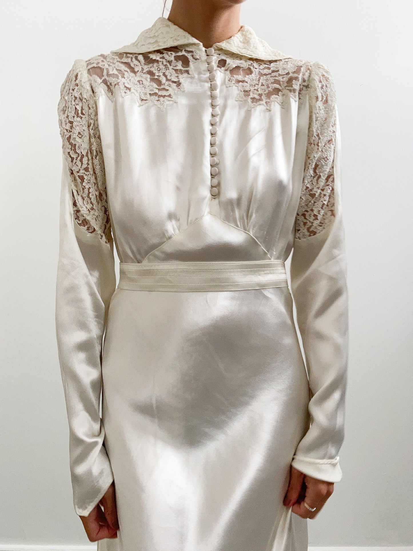 1930s Champagne Silk Satin & Lace Collared Wedding Dress with Train