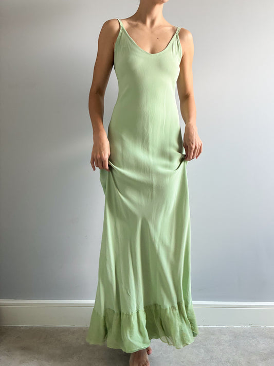 1930s Green Satin Slip With Chiffon Trim