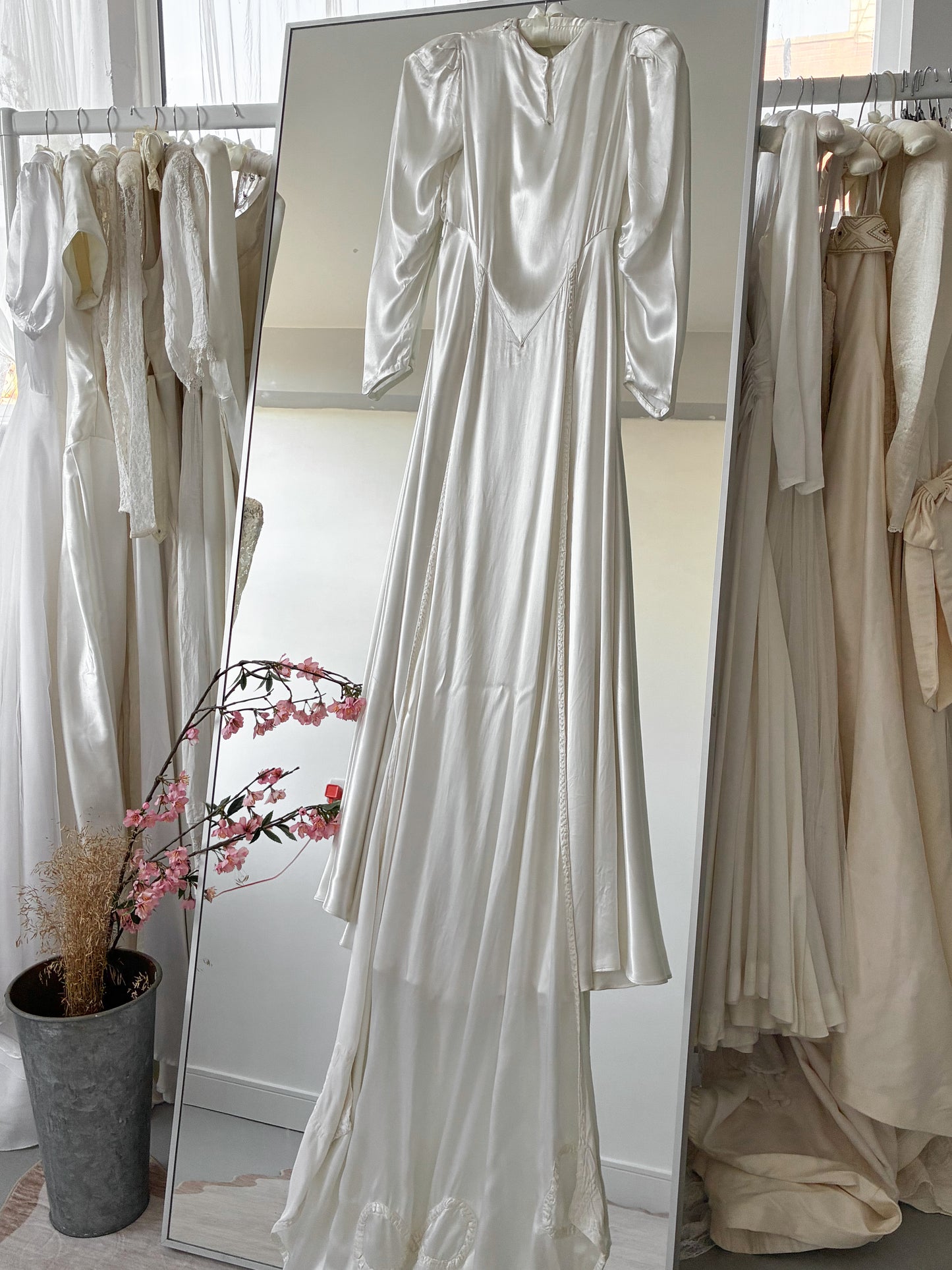 1940s Satin Dress With Wateau Train and Bow Detail