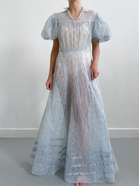 1930s Blue Floral Cotton Organdy Dress