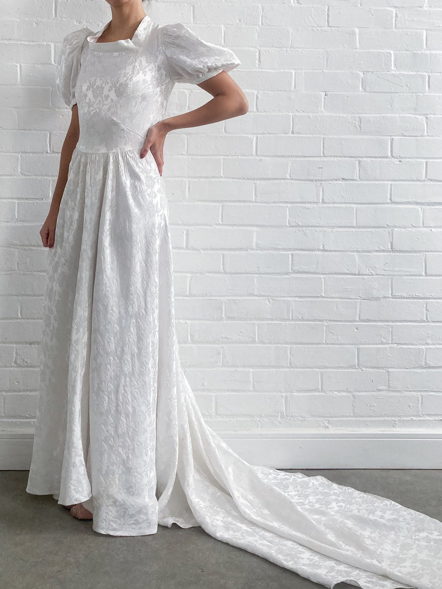 1930s Ivory Jacquard Wedding Gown With Puff Sleeves and Chapel Train