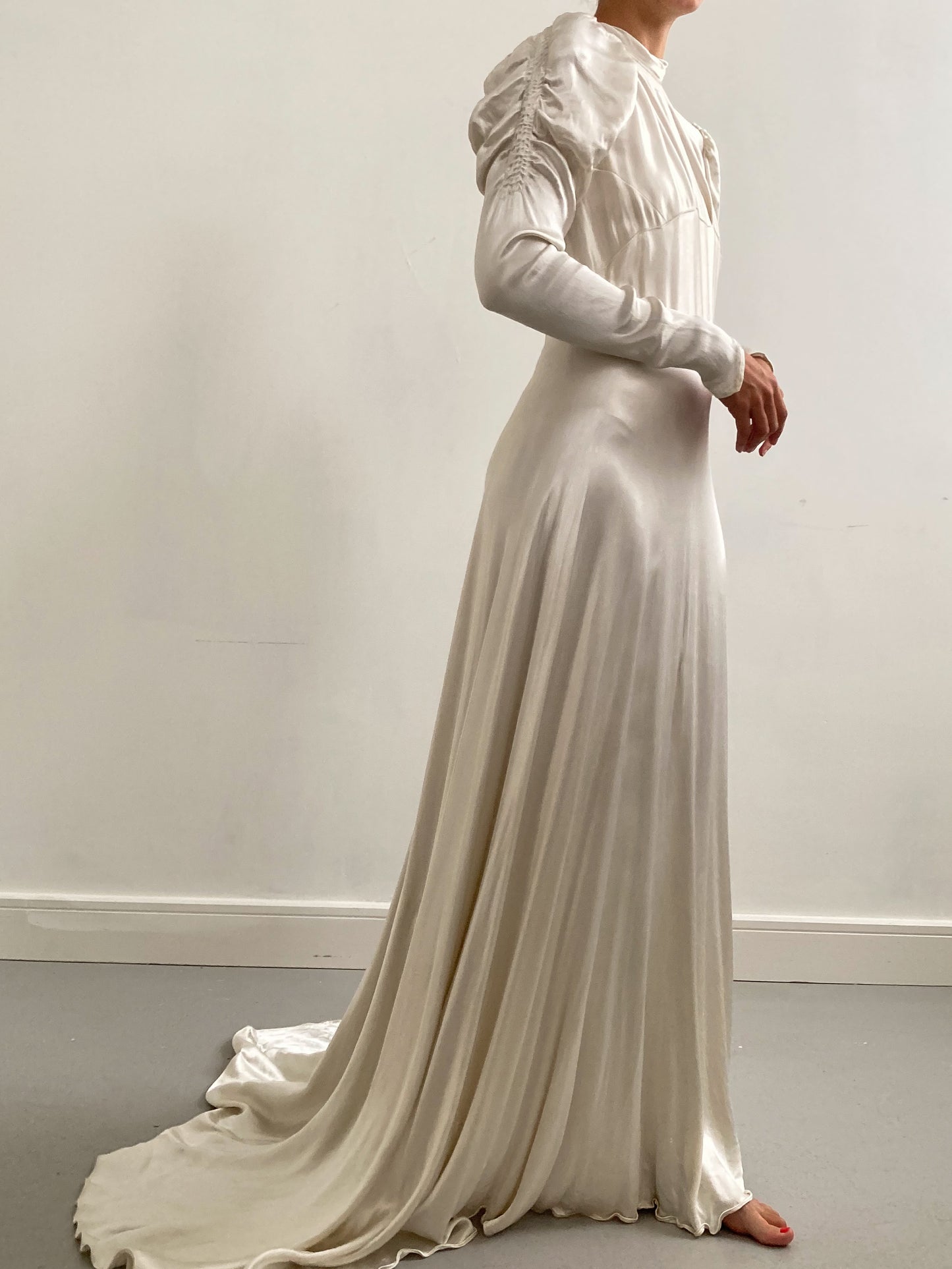 1940s Satin Ivory Wedding Gown with Ruched Sleeves and Small Train