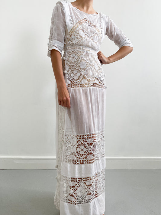 Edwardian Cotton Tiered Tea Wedding Gown with Raised Embroidery