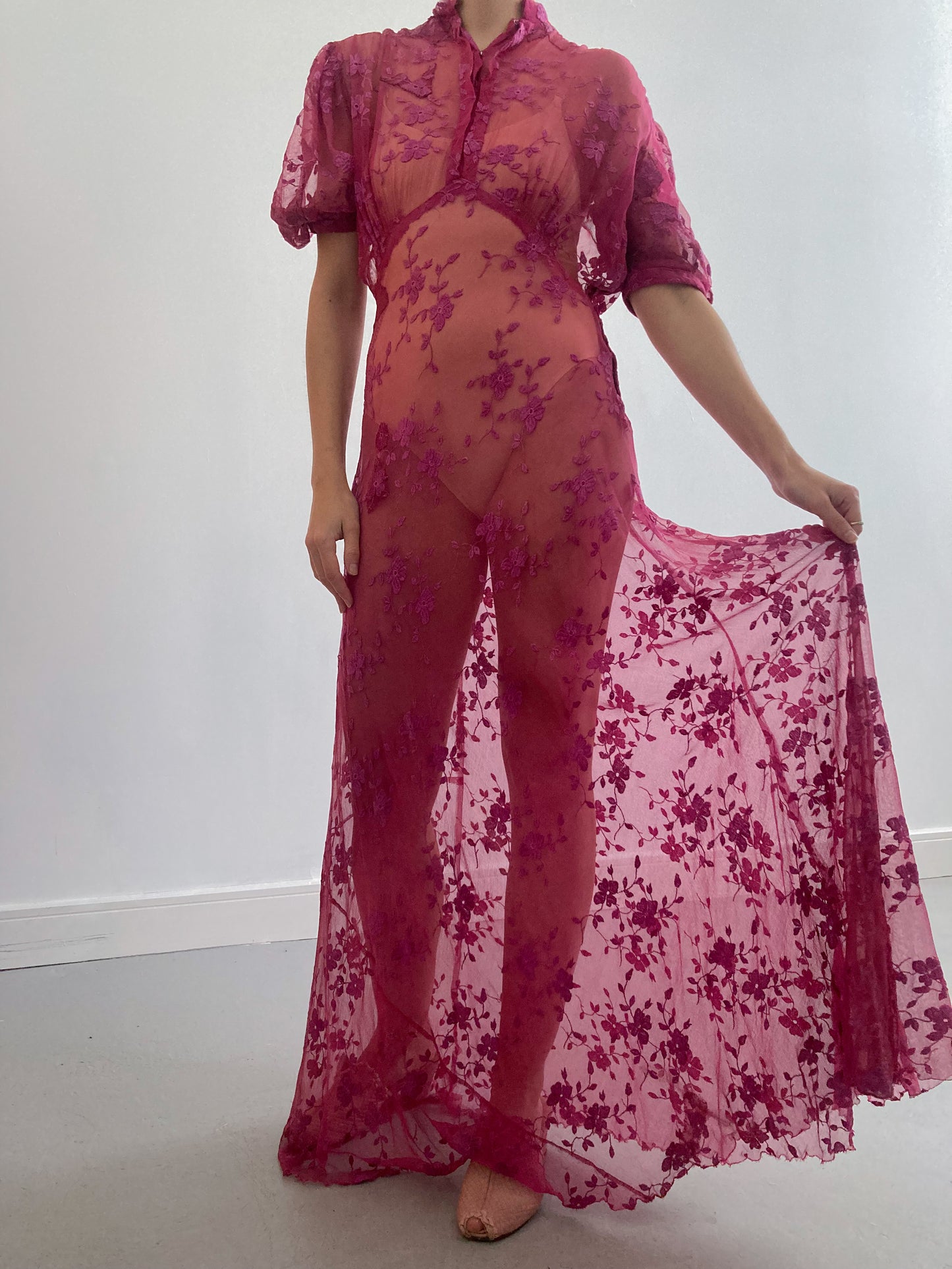 1930s Raspberry Floral Net Lace Chiffon Gown with Puff Sleeves