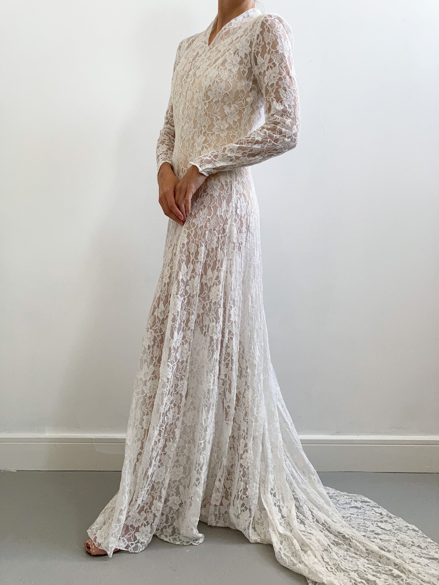 1940s All Floral Lace Wedding Gown with Train