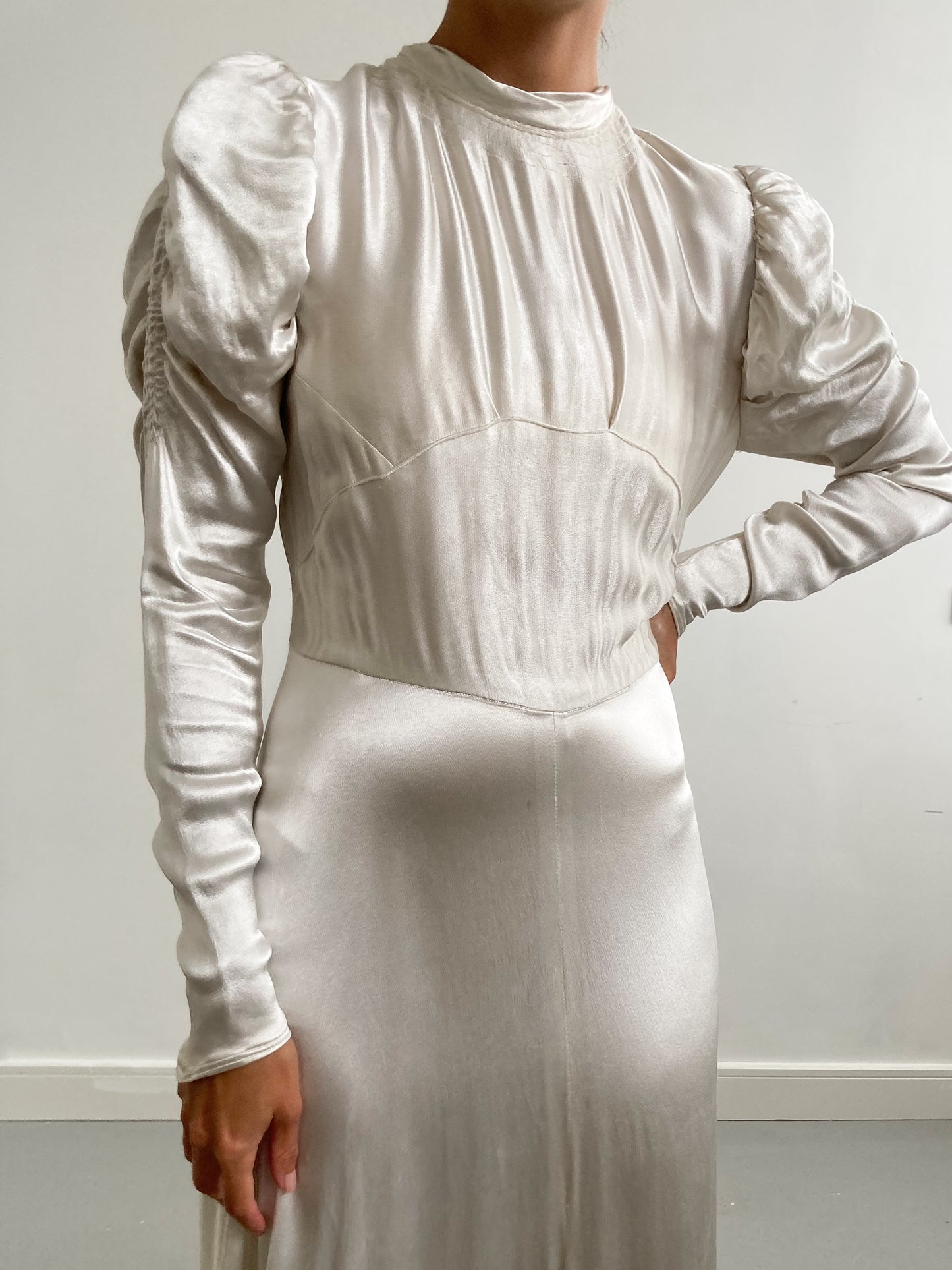 1940s Satin Ivory Wedding Gown with Ruched Sleeves and Small Train