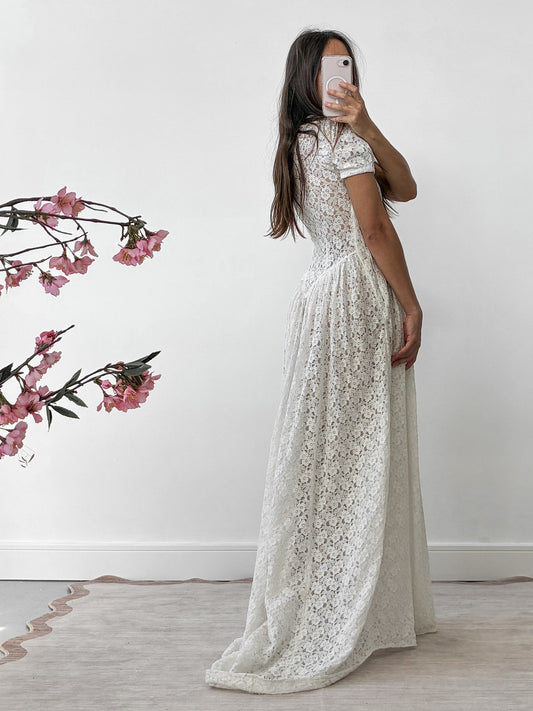 1930s Ivory Floral Lace Wedding Dress With Puff Sleeves And Sweep Train
