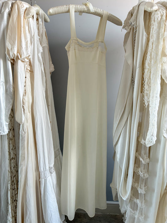 1970s Cream Maxi Slip With Square Neck And Lace Trim