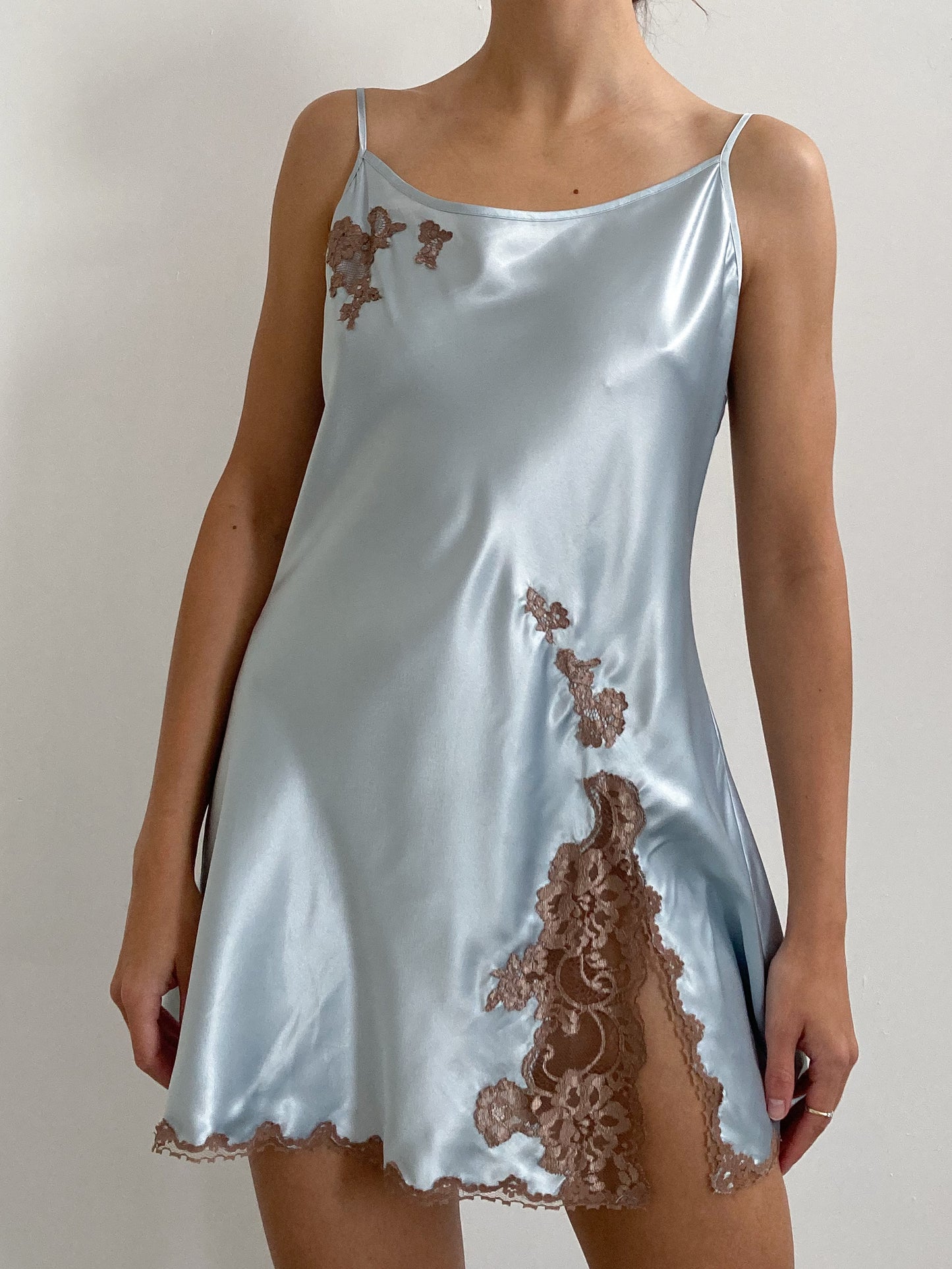 1990s Blue Satin Victoria's Secret Mini Slip with Cowl Neck & Floral Lace