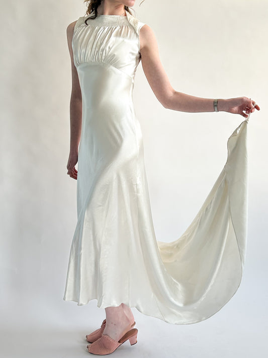 1930s Ivory Satin Sleeveless Wedding Dress with Gathered Neck & Train