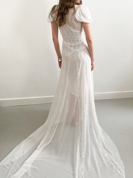 1930s Lace and Puff Sleeve Wedding Dress with Cathedral Train