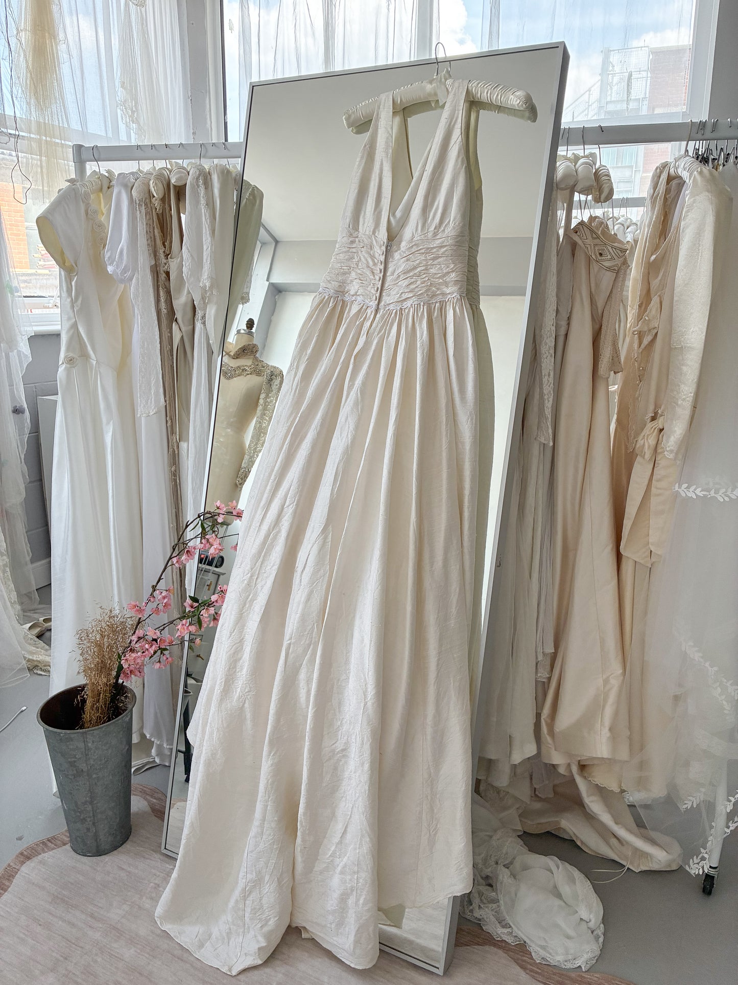 1980s Raw Silk Princess Dress With Wrap Bodice And Full Train