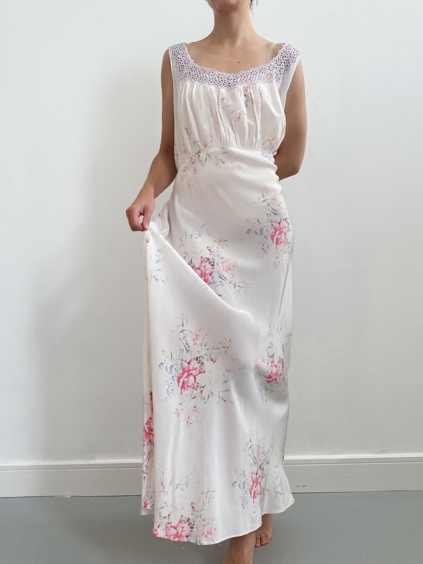 1940s Floral Slip Gown with Blue Lace Trim M-XL