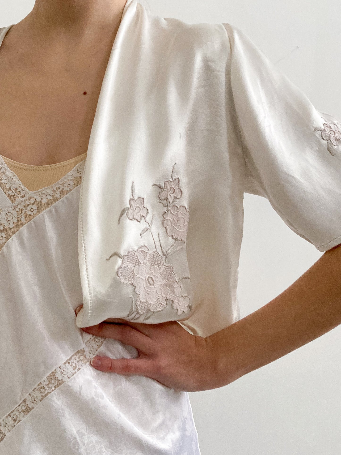 1940s Satin Off White Bridal Jacket with Champagne Embroidery