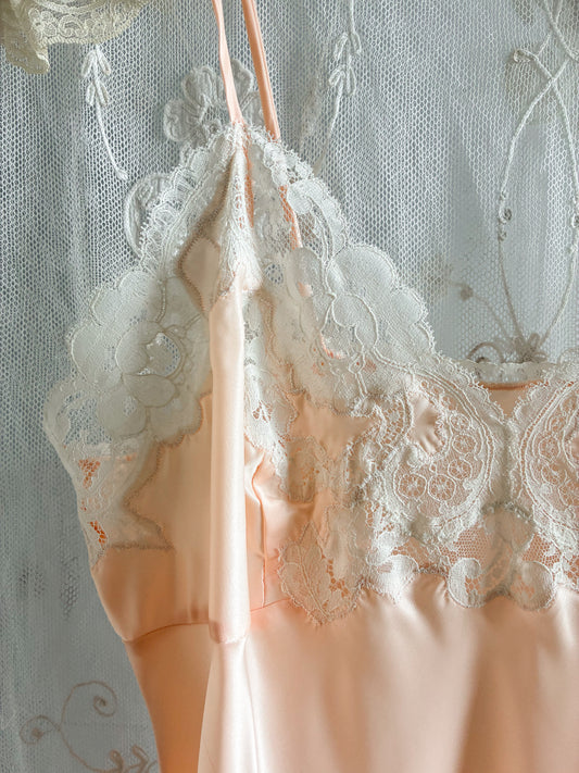 1940s Silky Midi Slip In Peach With Floral Lace