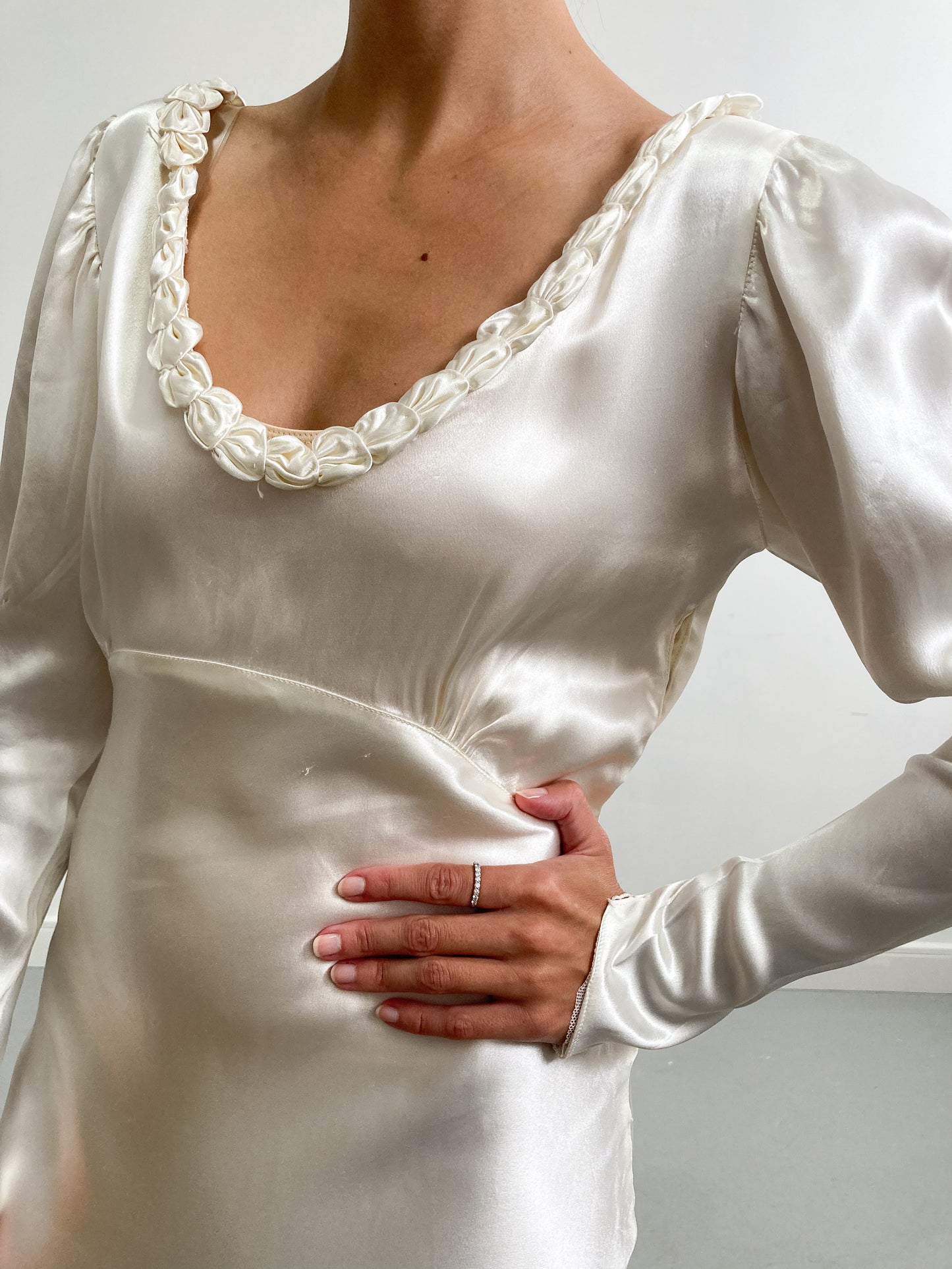 1930s Slipper Silk Juliet Sleeve Wedding Dress with Rosette Detail