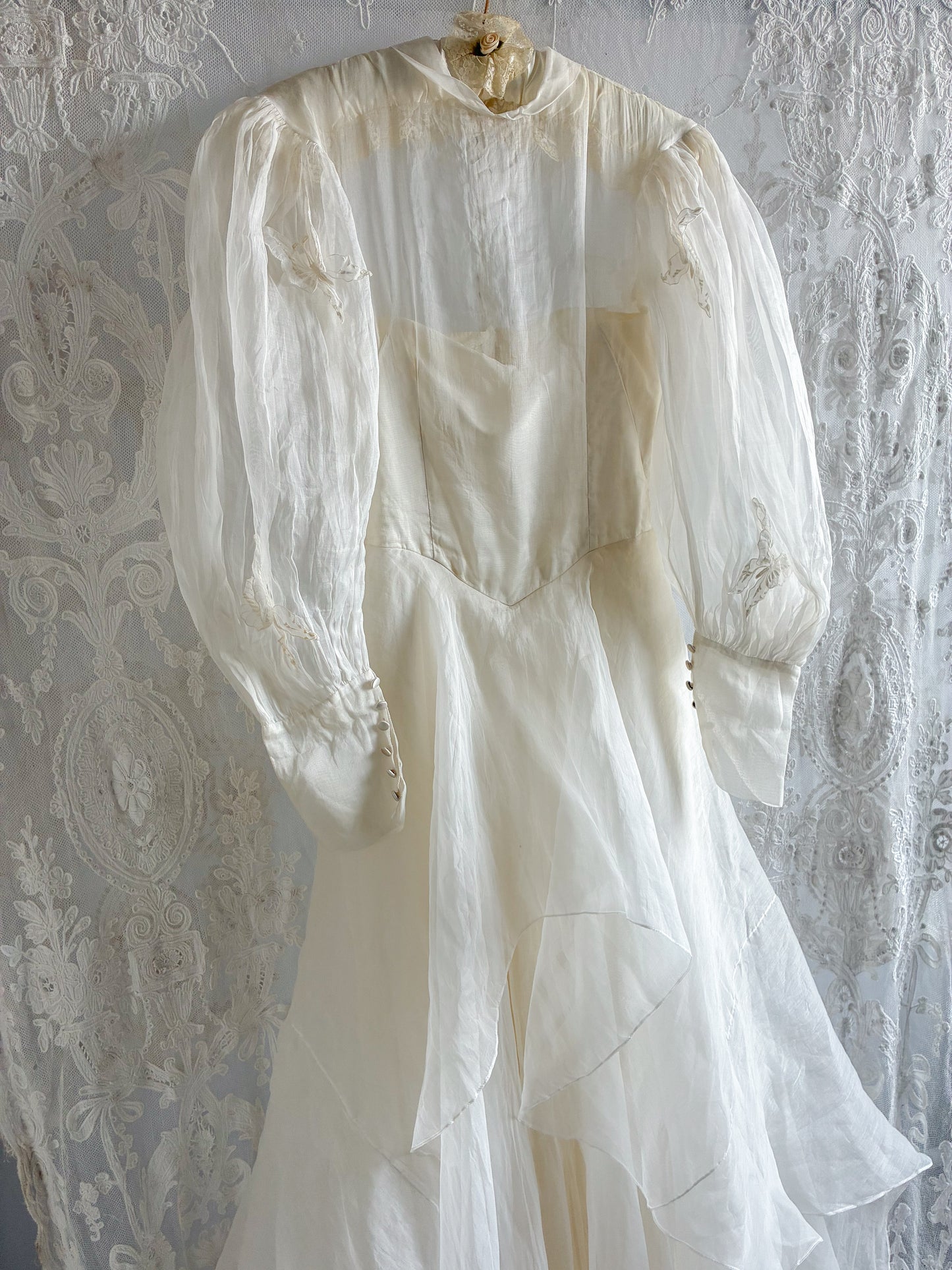 1940s Tiered Organza Wedding Gown With Puff Sleeves And Butterfly Detail