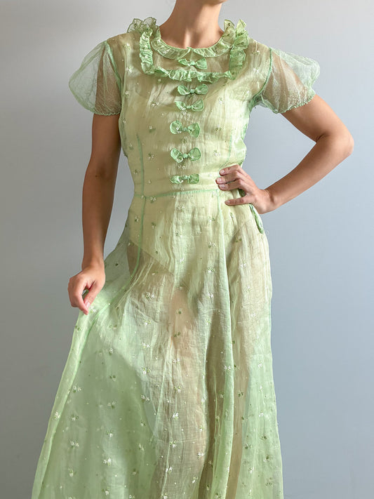 1930s Green Organza Dress With Bow Detail And Floral Embroidery