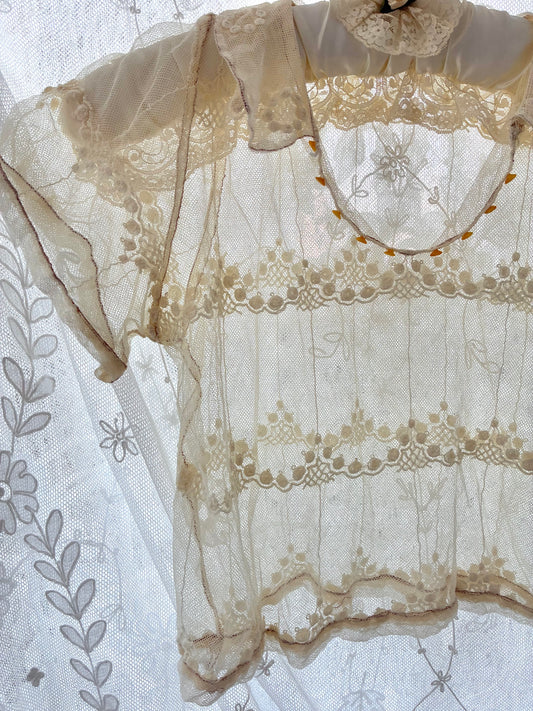Antique French Embroidered Net Blouse In Cream S