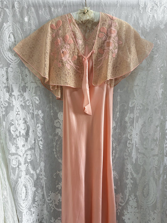 1930s Pink Silk Slip With Detailed Embroidery And Matching Jacket