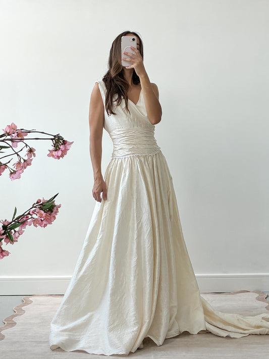 1980s Raw Silk Princess Dress With Wrap Bodice And Full Train