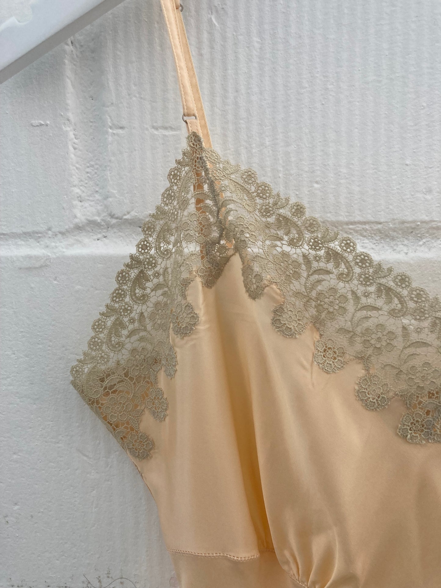 1930s Peach Satin Slip with Champagne Flower Trim S/M