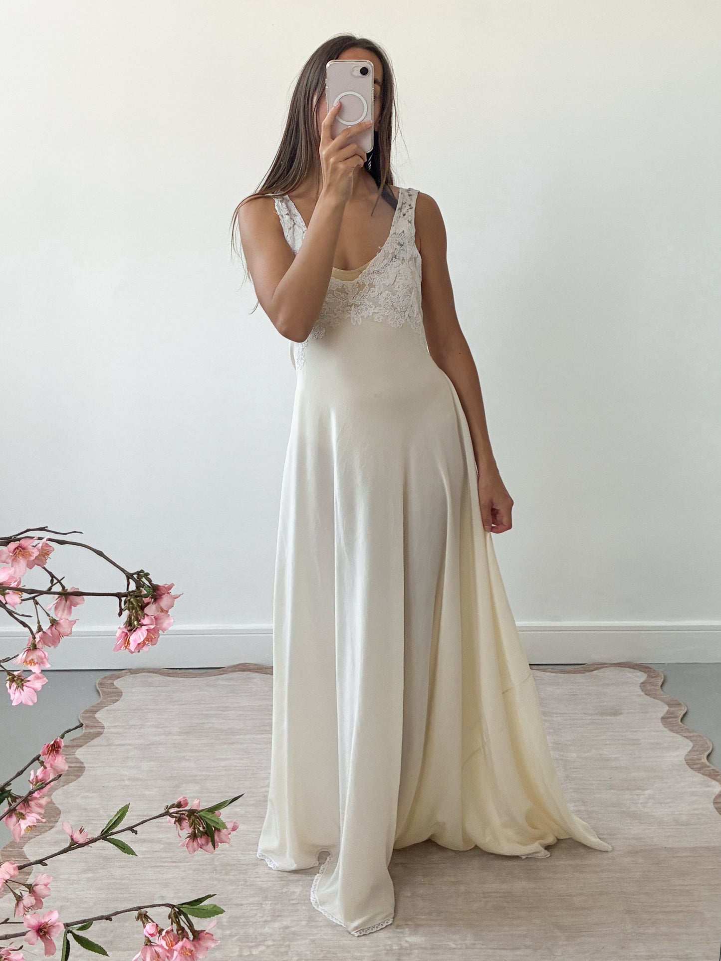 1940s Asymmetrical Cream Silk Slip With Floral Lace L