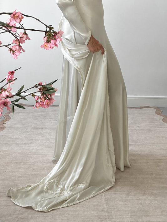 1940s Satin Dress With Wateau Train and Bow Detail