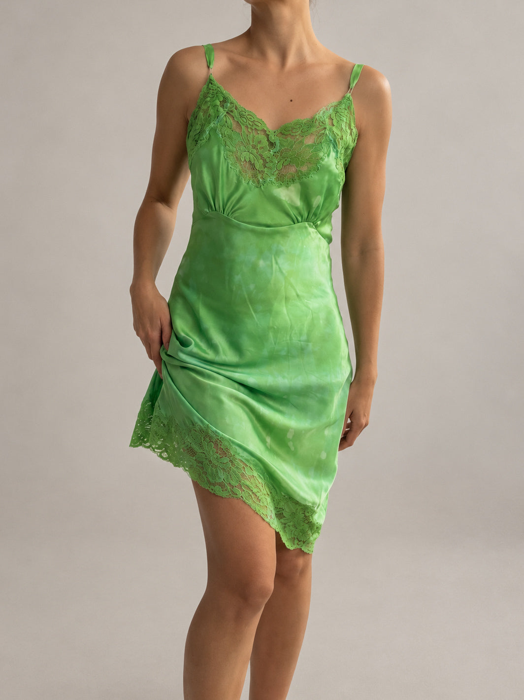 1940s Silk Satin Slip With Lace Trim Charmeuse Green