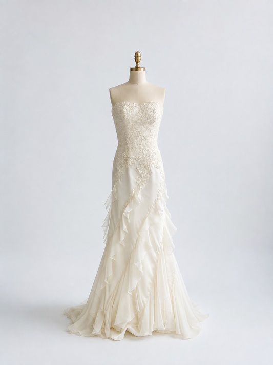 1990s Strapless Ivory Wedding Gown With Silk Lace Bodice & Ruffled Organza Skirt M