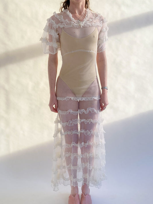 1930s Tiered Ruffle Net Dress With Puff Sleeves