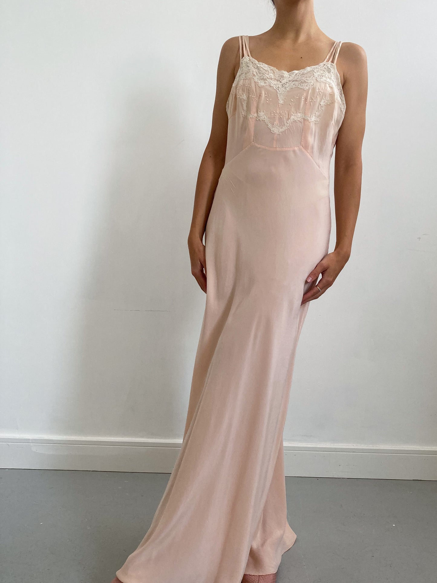 1930s Silk Peach Slip Gown with Ivory Lace and Triple Straps