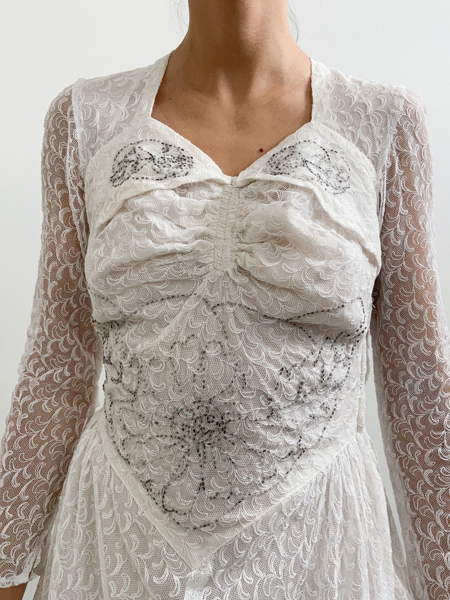 1940s Floral Lace Beaded Wedding Dress
