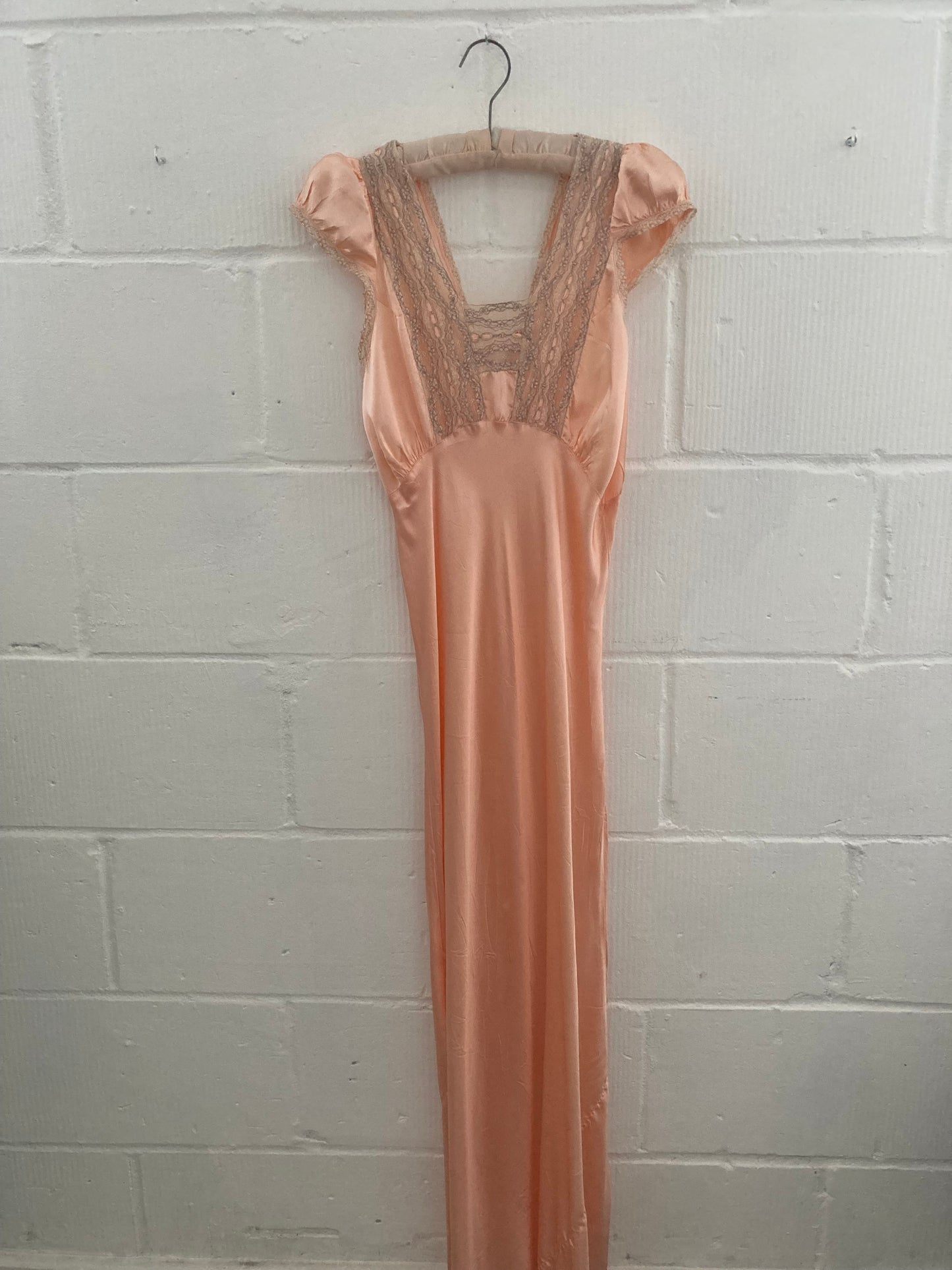 1930s Pink Satin Puff Sleeve Gown with Lace Embroidery