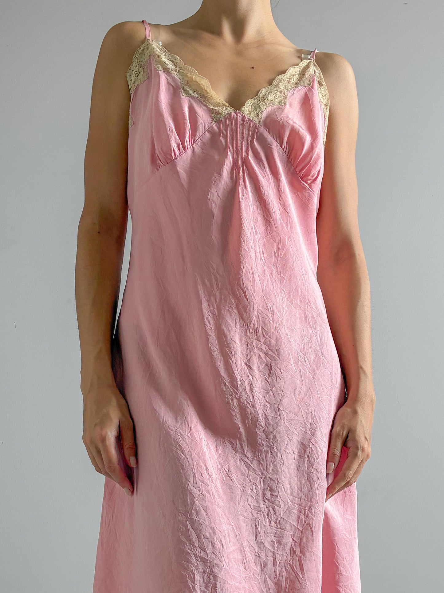 1990s Silk Mini Slip With Cream Lace In Dusty Pink