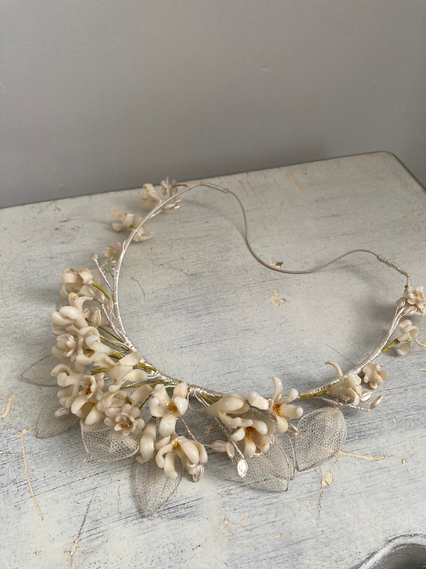 Antique Wax Flower, Pearl Bloom & Net Petal Headpiece