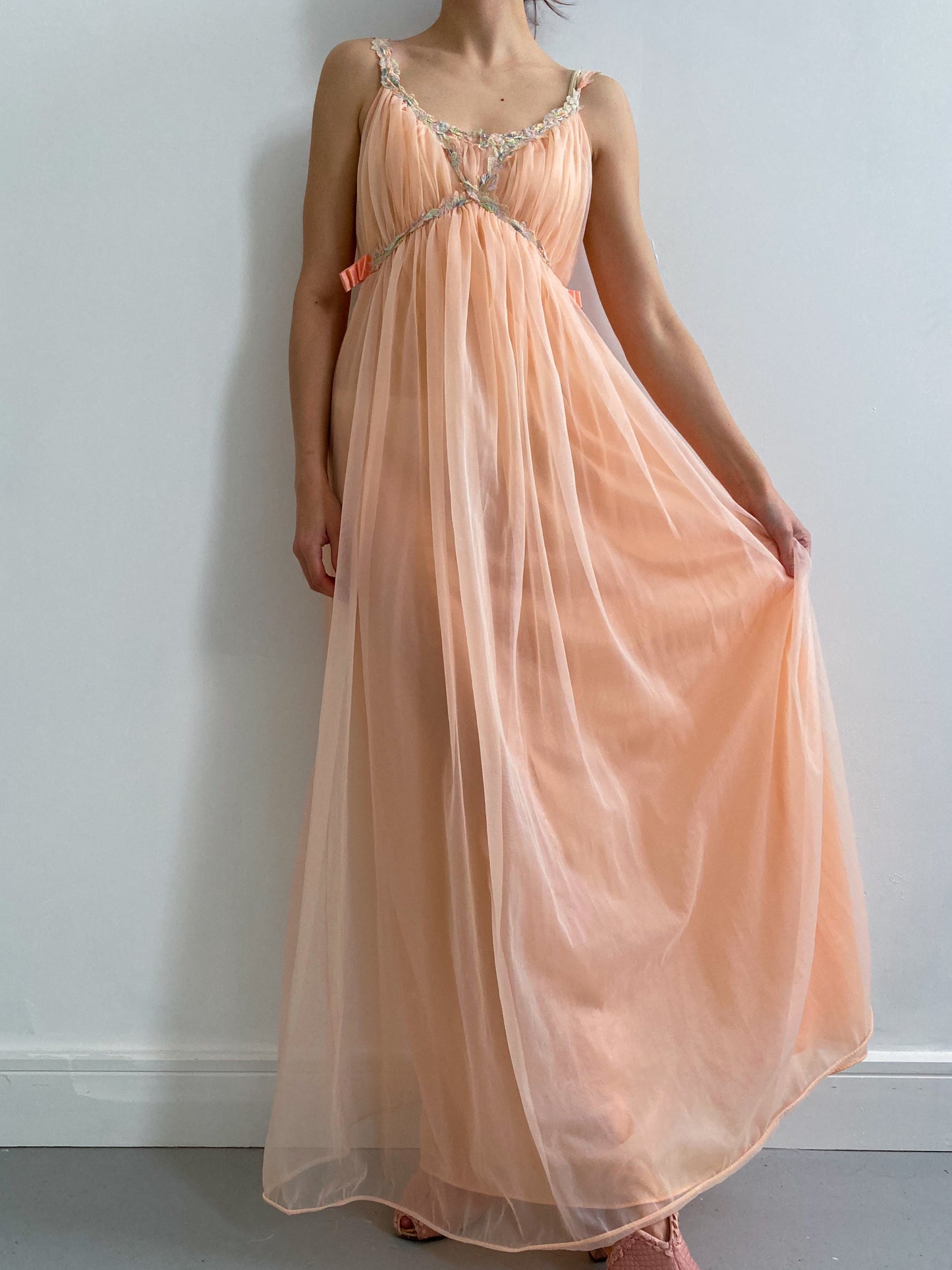 1940s Layered Gown with Flower Appliques in Coral Size S