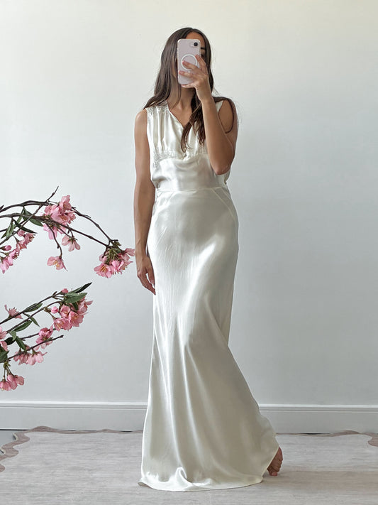 1930s Liquid Satin Bias-Cut Slip Wedding Dress With Matching Belt
