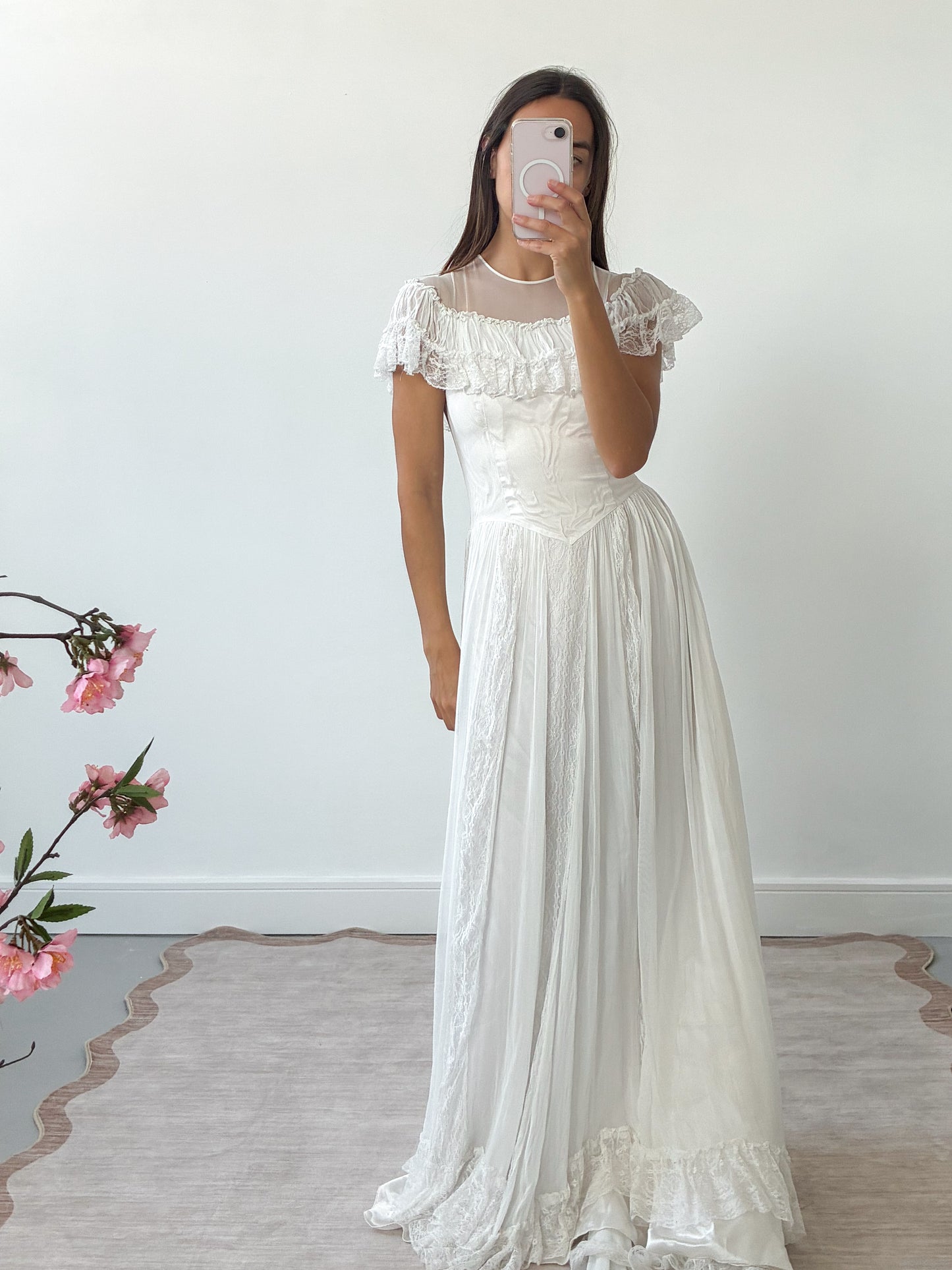1940s Ivory Tulle Wedding Dress With Ruffle Neck And Cathedral Train