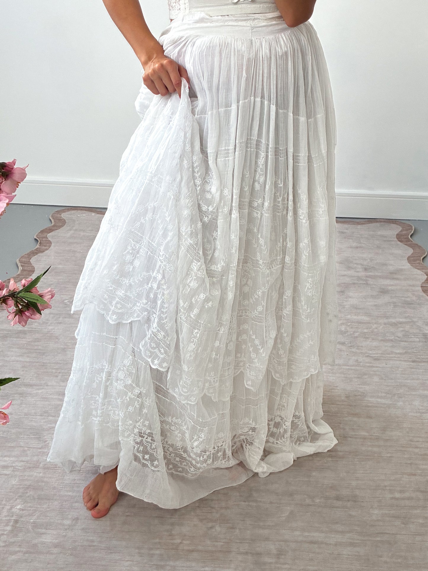 Edwardian Tiered Cotton Lawn Skirt With Floral Embroidery