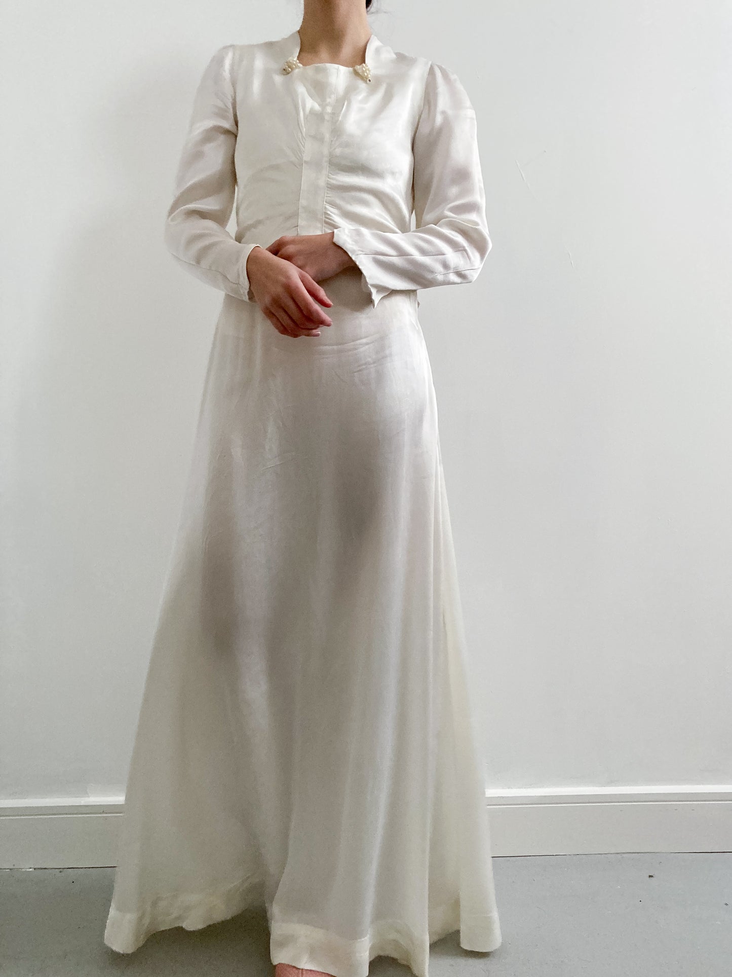 1940s Satin Wedding Dress with Pearl Details