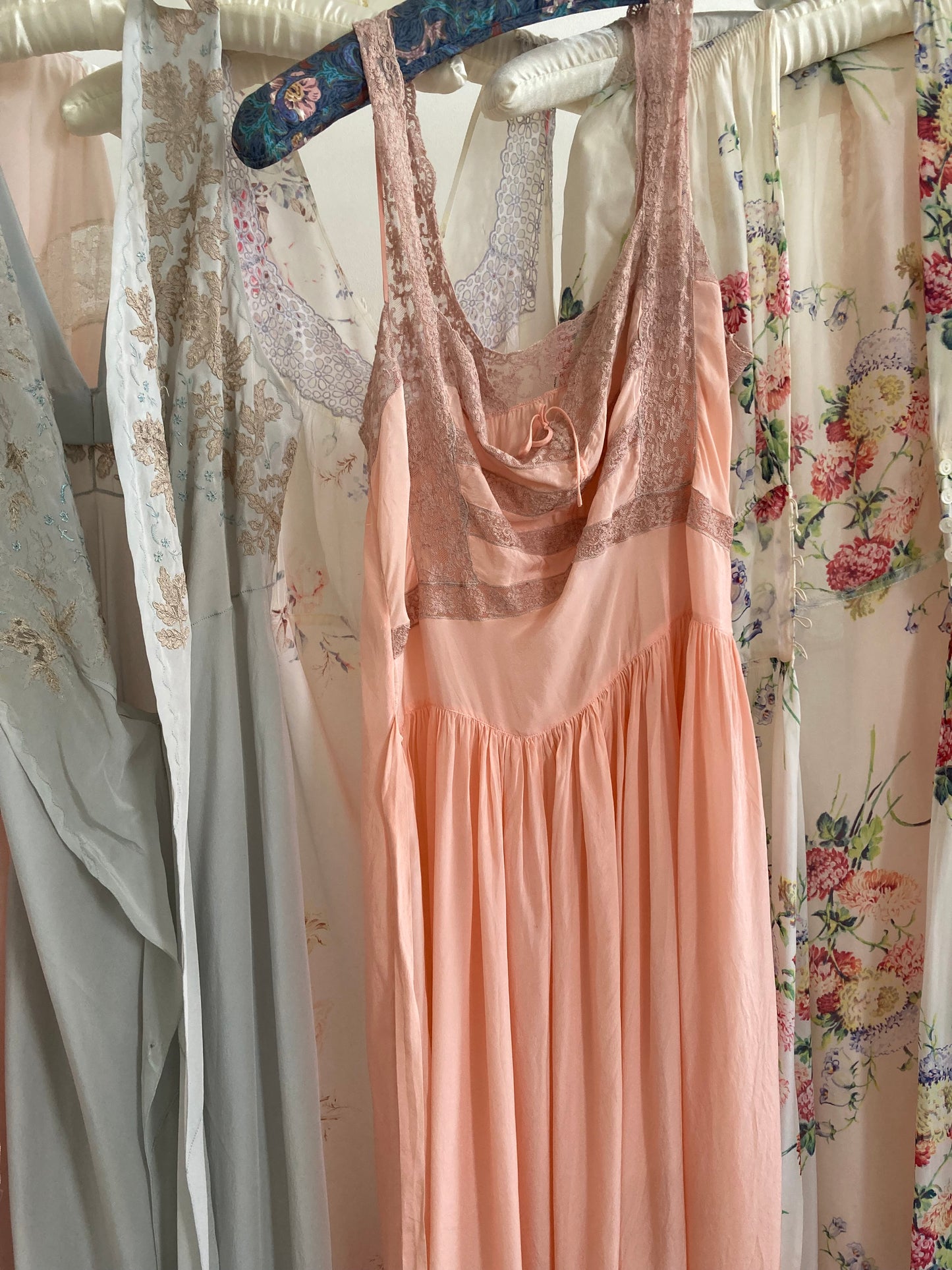 1930s Silk Chiffon Pink Slip Gown with Pink Lace M/L