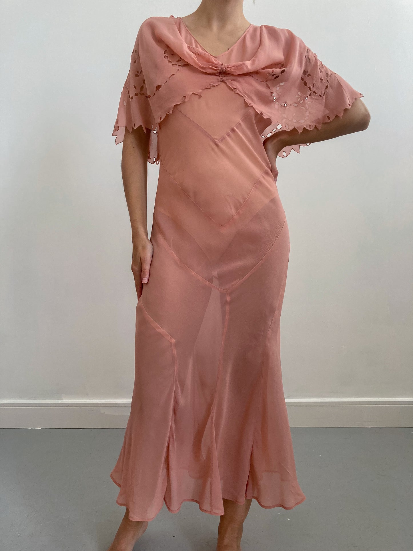 1930s Coral Pink Silk Crepe Dress with Cape Detail