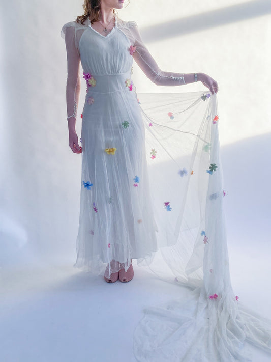1930s Net Wedding Dress With Flowers and Cathedral Train