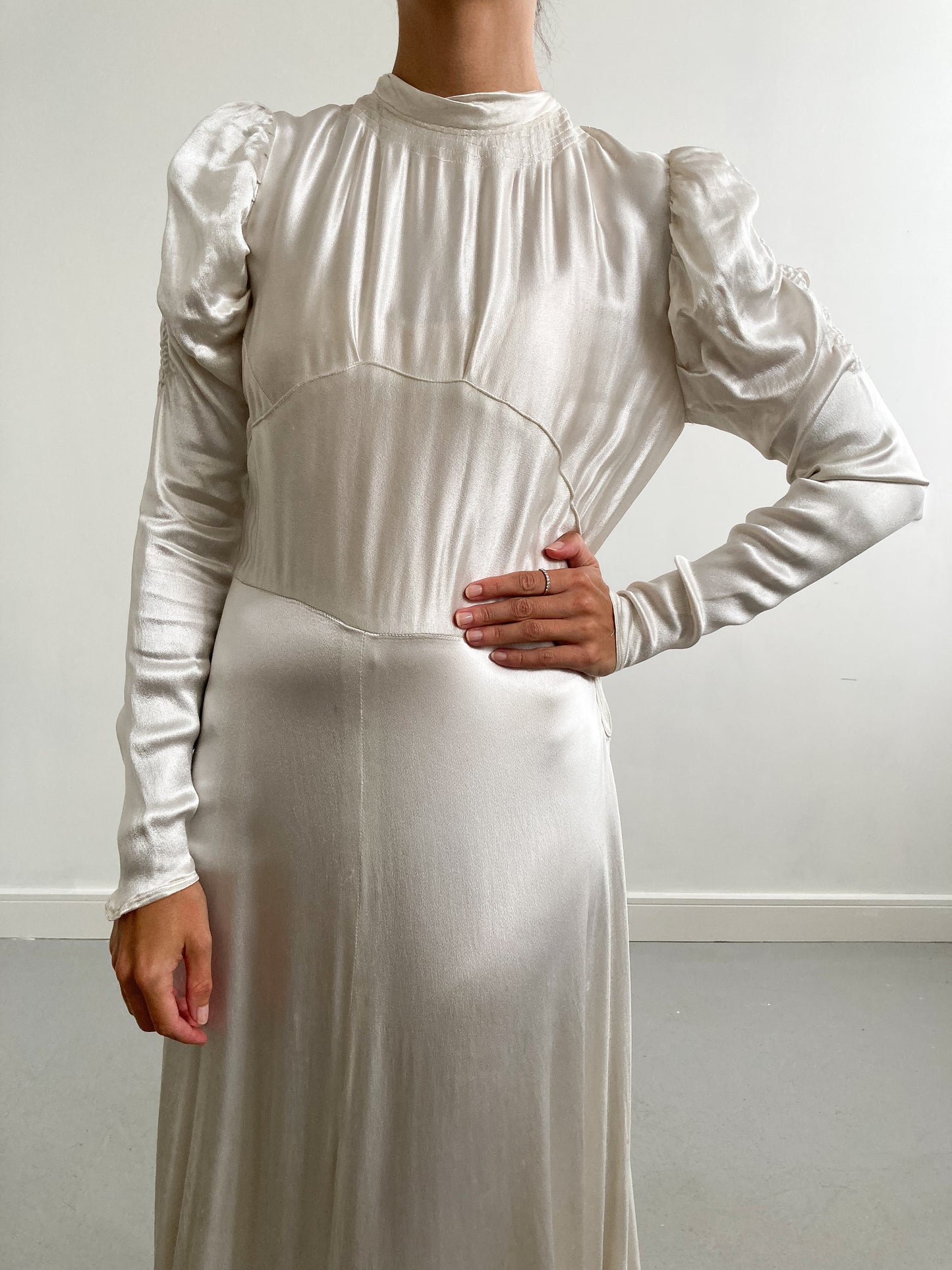 1940s Satin Ivory Wedding Gown with Ruched Sleeves and Small Train