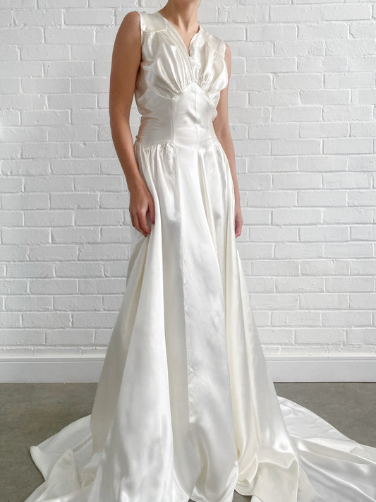 1940s Gathered Satin Wedding Gown with Chapel Train