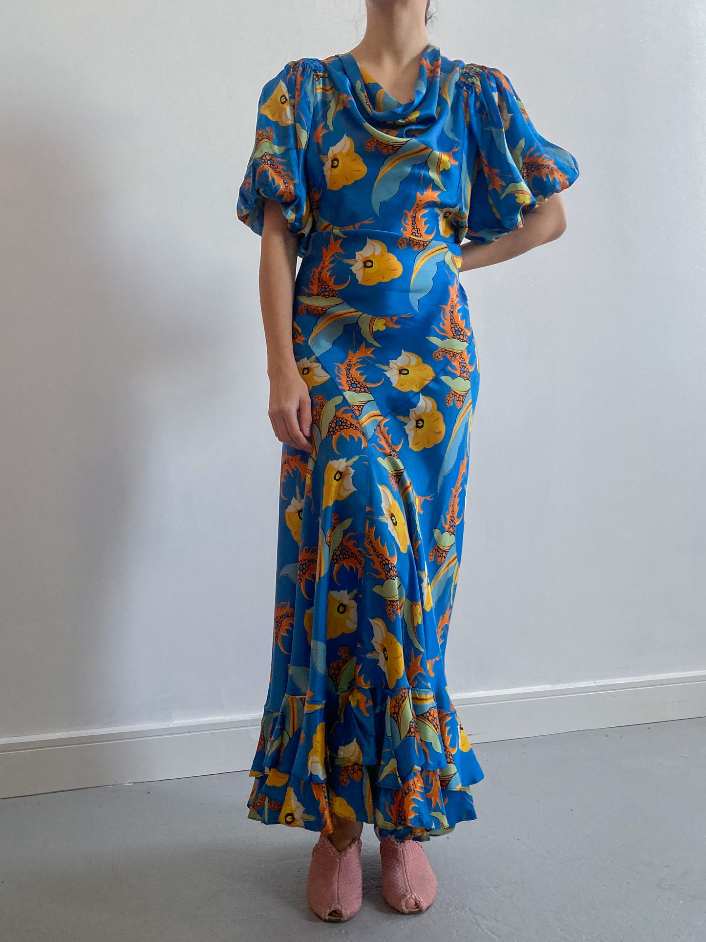 1930s Art Deco Patterned Puff Sleeve Dress