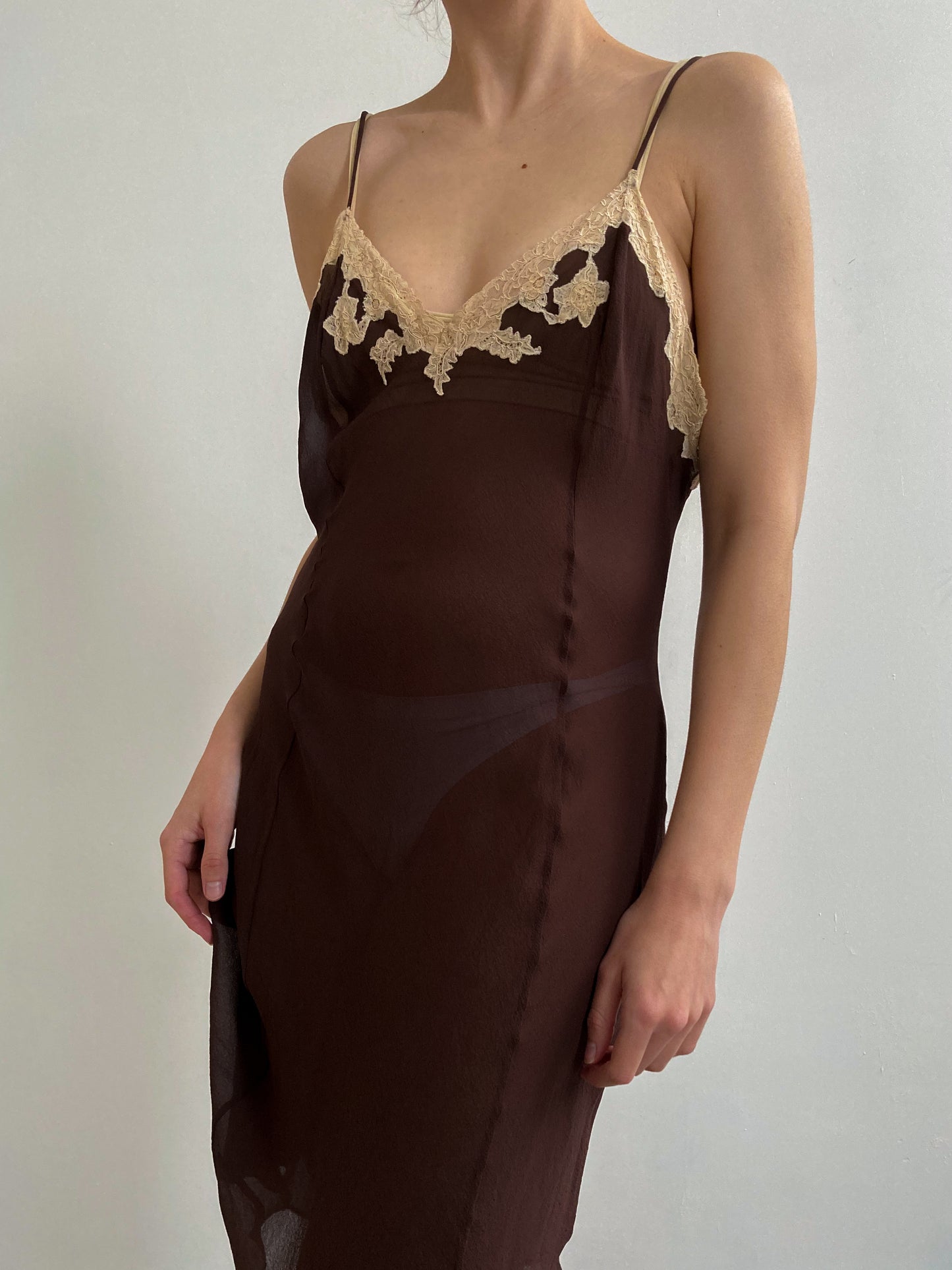 1970s Chocolate Silk Chiffon Slip with Champagne Lace