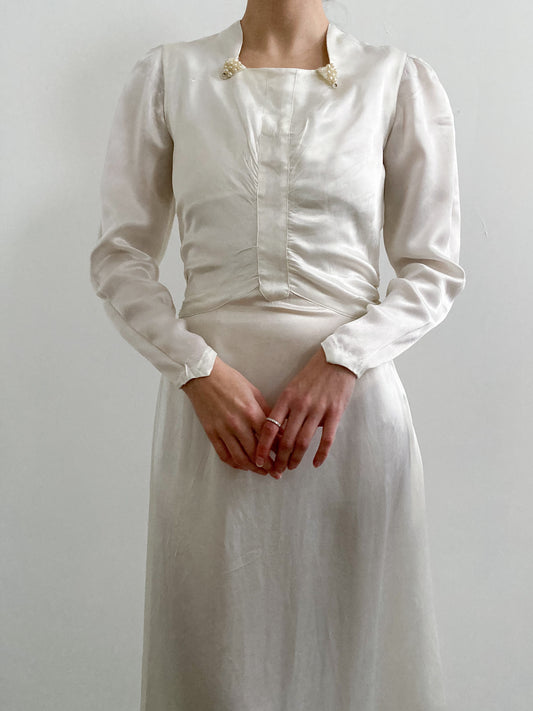1940s Satin Wedding Dress with Pearl Detail